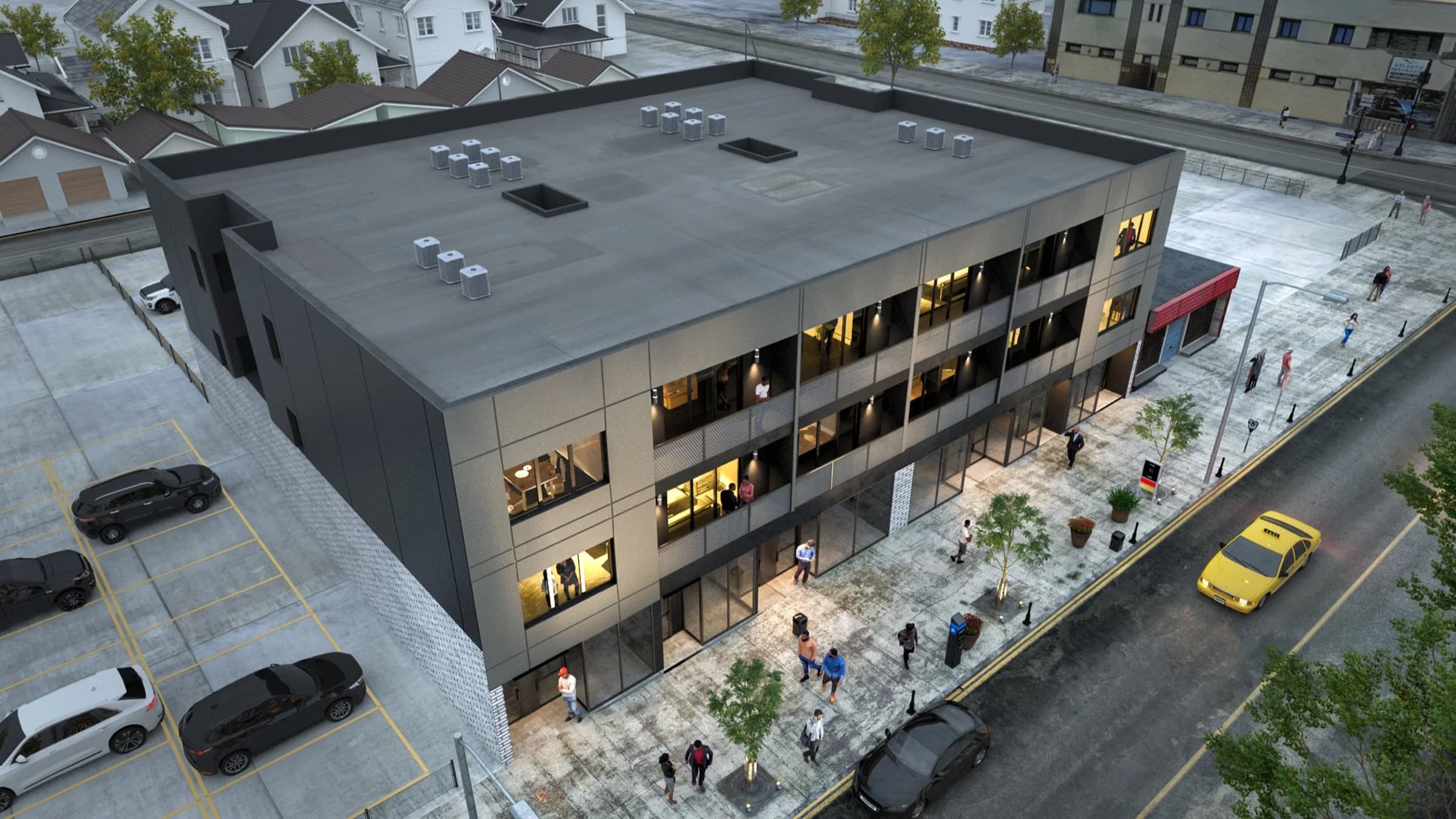 Aerial render of a three-story mixed-use building with ground-floor storefronts and residences above on a corner lot in Belmont Cragin
