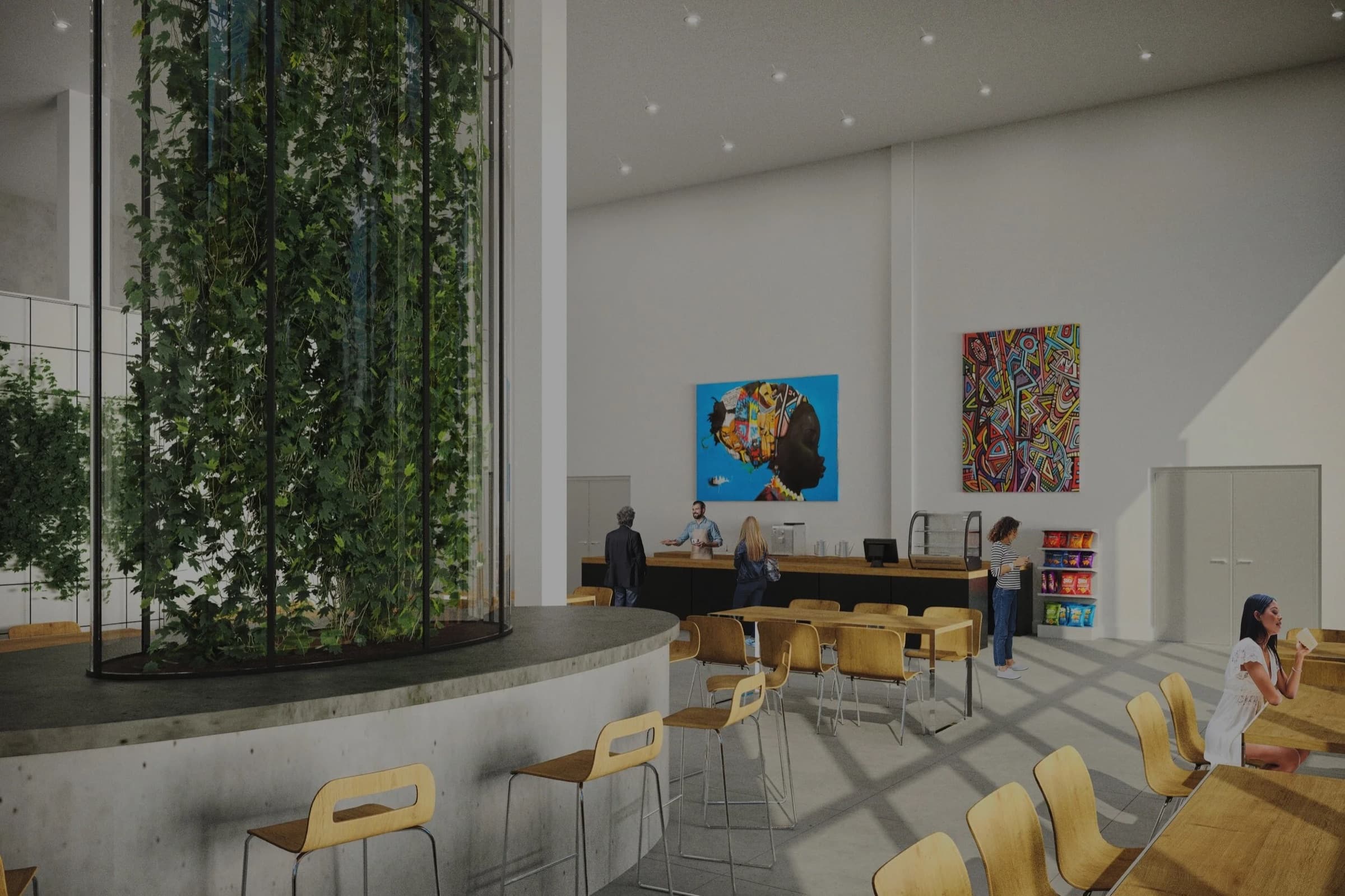 Interior render of a bright café and gathering space with a living green wall, artwork and a service counter in Bronzeville