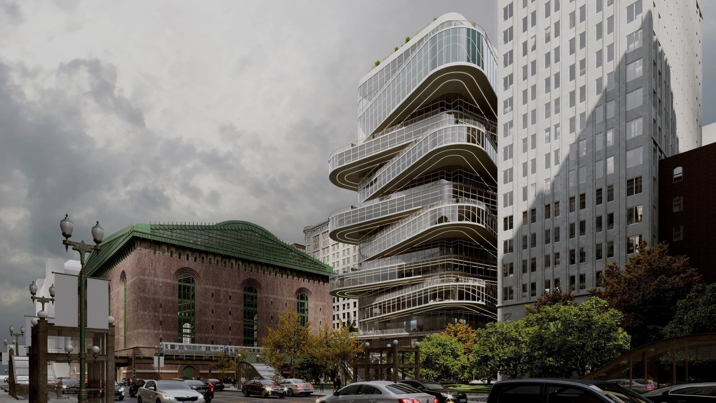 Render of a stacked glass office and residential tower rising beside a historic brick building and the elevated train in Chicago’s Loop