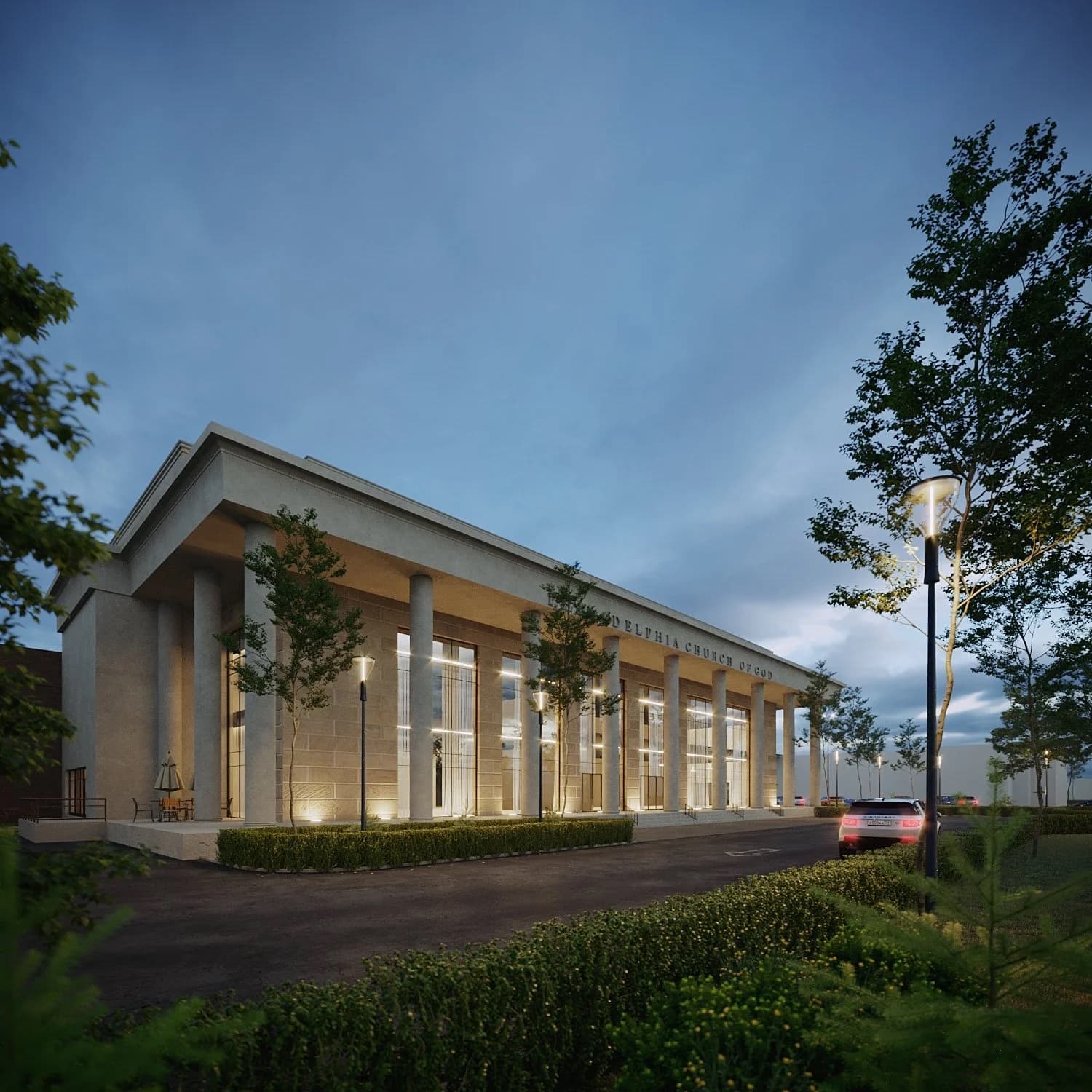 Dusk render of a limestone church with a colonnade of tall columns and lit glass bays in Norwood Park